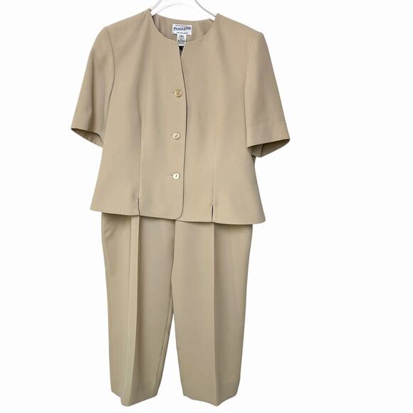 Vintage Pendleton Polyester Pant Suit 2 Piece 12/14 Beige Lined Short Sleeve Top - Picture 2 of 12